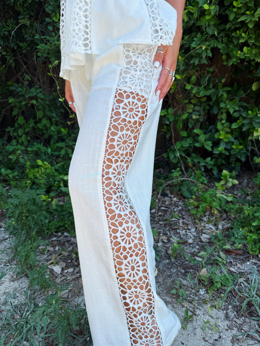 White Boho Crochet Side Wide Leg Pants