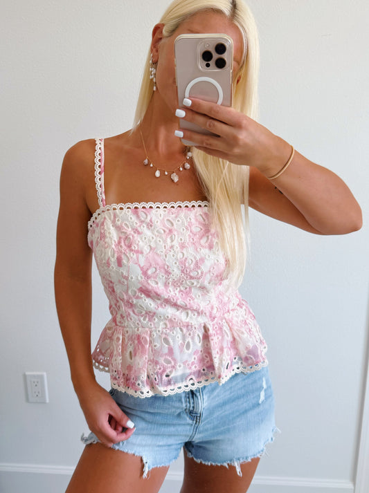 Pink & White Floral Eyelet Ruffle Peplum Tank Top