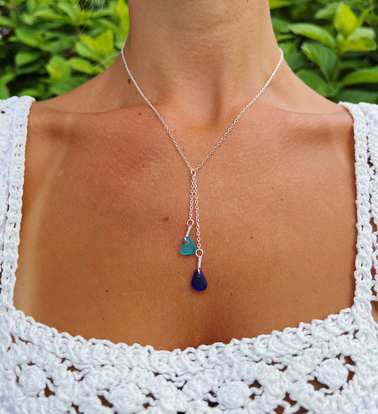 Royal Blue & Turquoise Sea Glass Double Drop Necklace