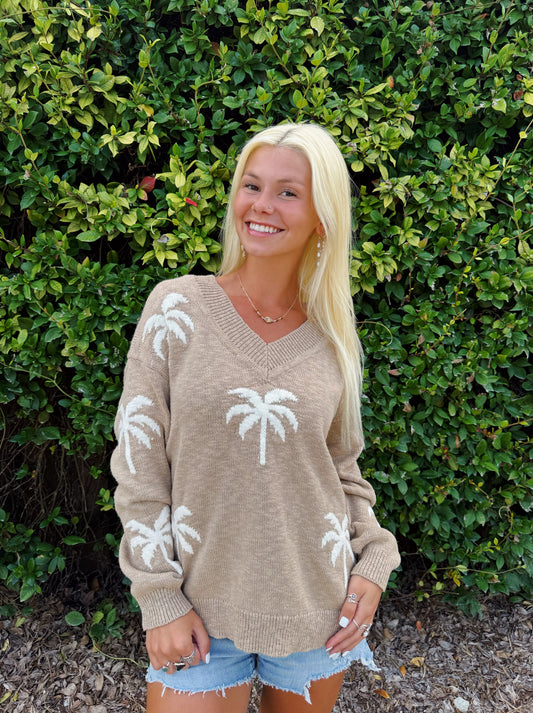 Tan Palm Tree V Neck Sweater