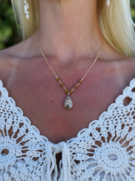 Gold Filled Petrified Wood Teardrop Necklace