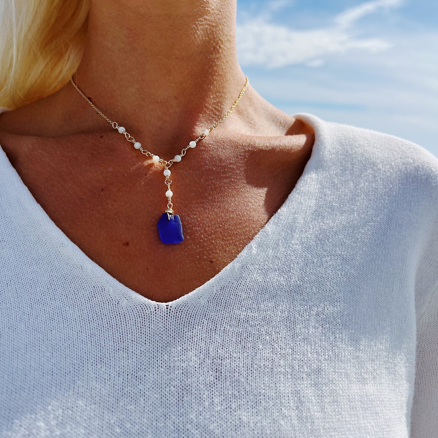 Royal Blue Sea Glass & Moonstone Necklace (Rare Sea Glass Color)