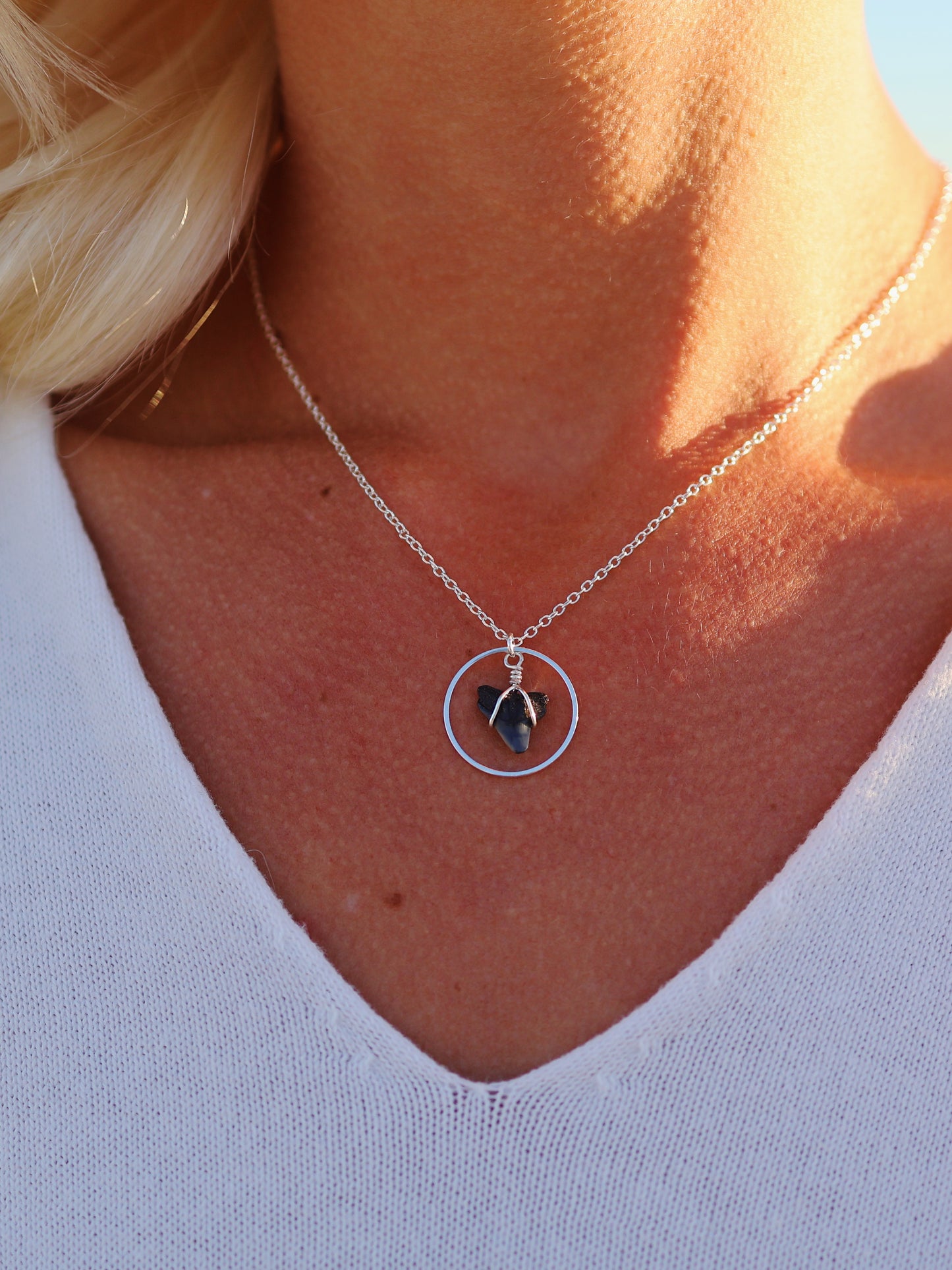 Silver Solid Circle Shark Tooth Necklace