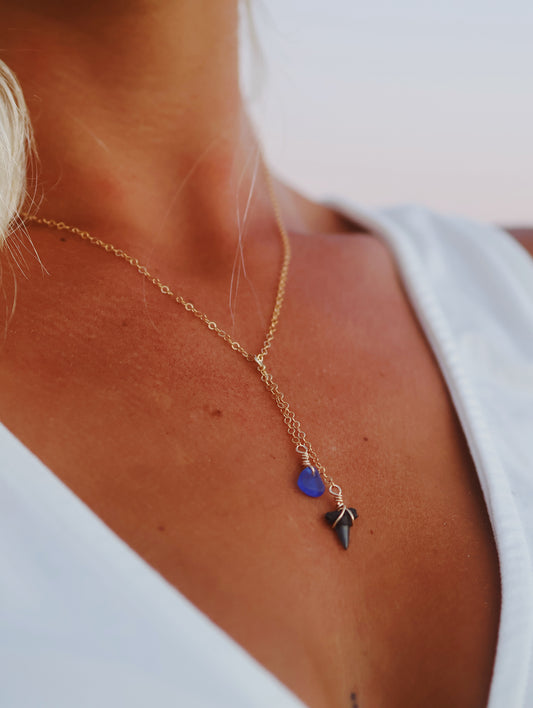 Gold Filled Shark Tooth & Royal Blue Sea Glass Drop Necklace