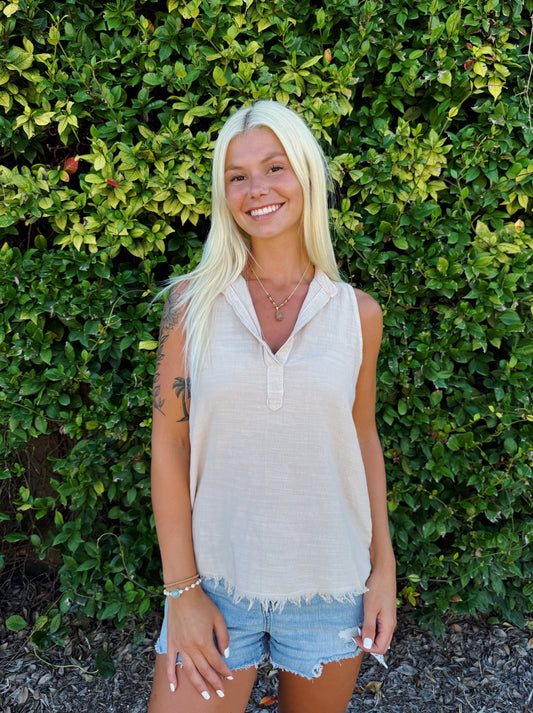 Beige V Neck Fringe Tank Top