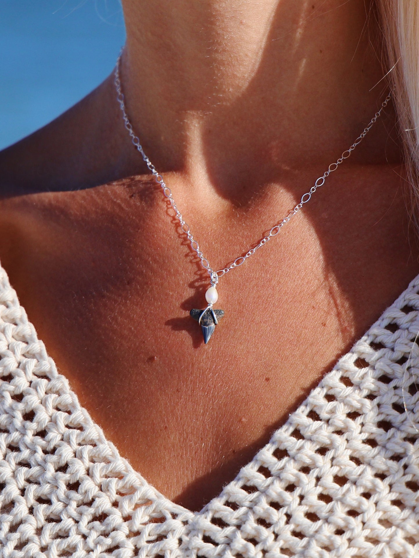 Sterling Silver Simple Pearl Shark Tooth Necklace