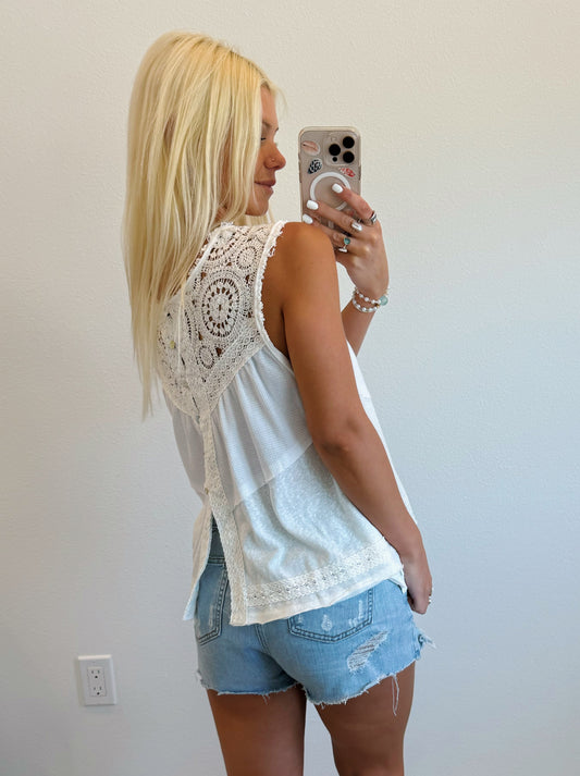White Boho Contrast Crochet Knit Top