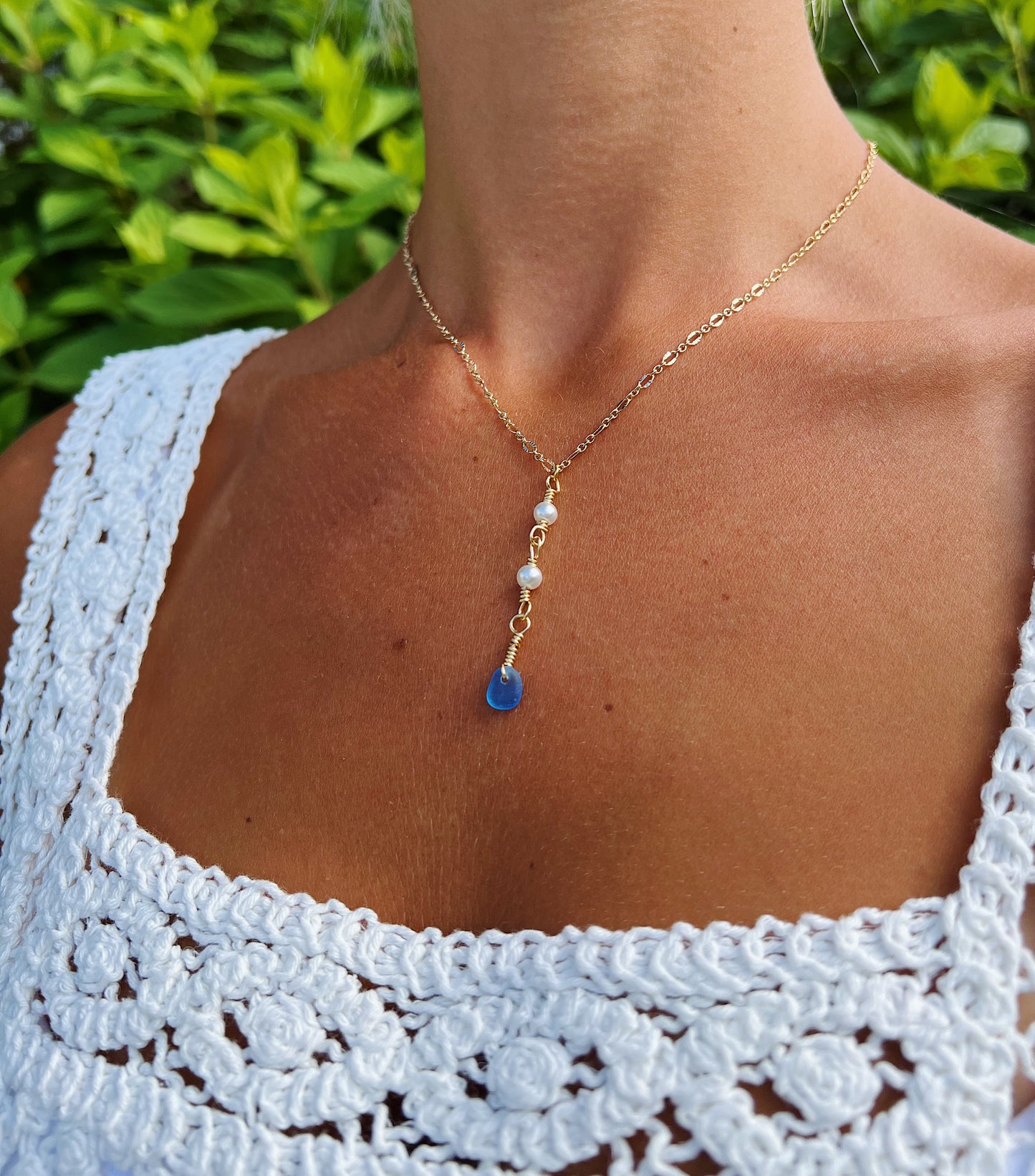 Gold Pearl Drop Ocean Blue Sea Glass Necklace