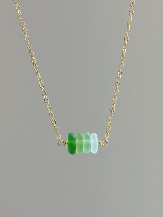 Gold Filled Mix Green Ombre Sea Glass Bar Necklace