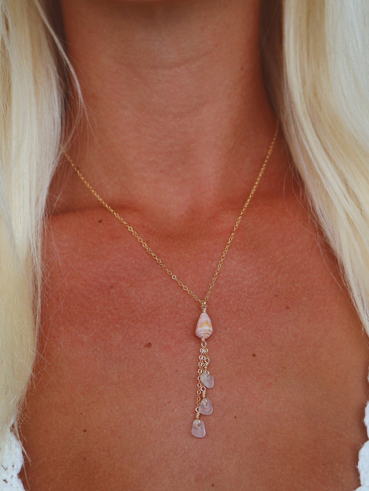 Gold Filled Pink Cone Shell & Clear Sea Glass Triple Drop Necklace