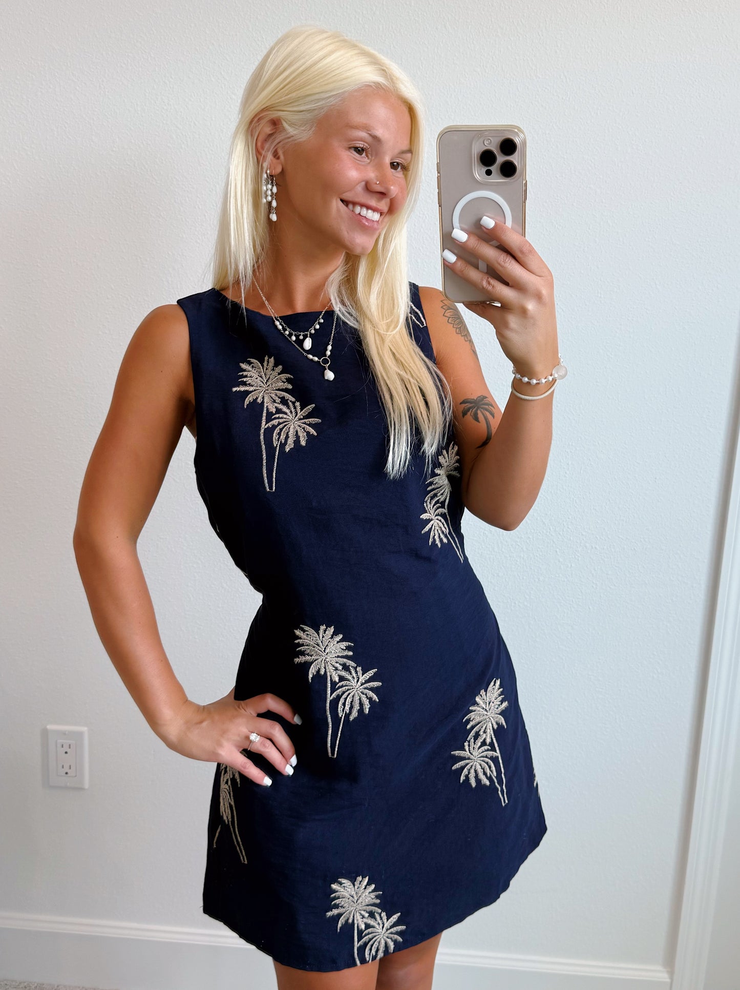 Navy Palm Tree Shift Dress