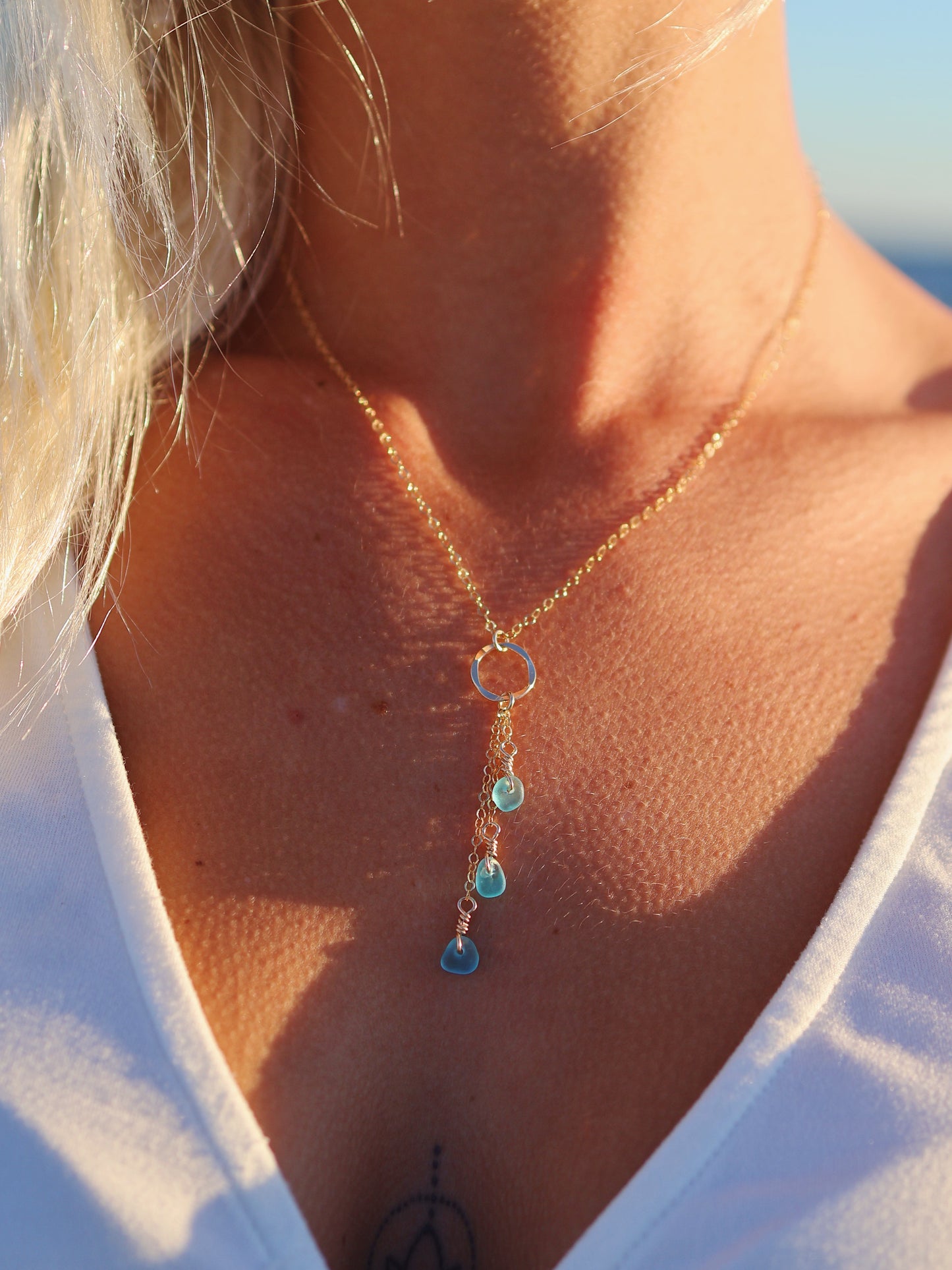 Gold Filled Turquoise Sea Glass Triple Drop Necklace