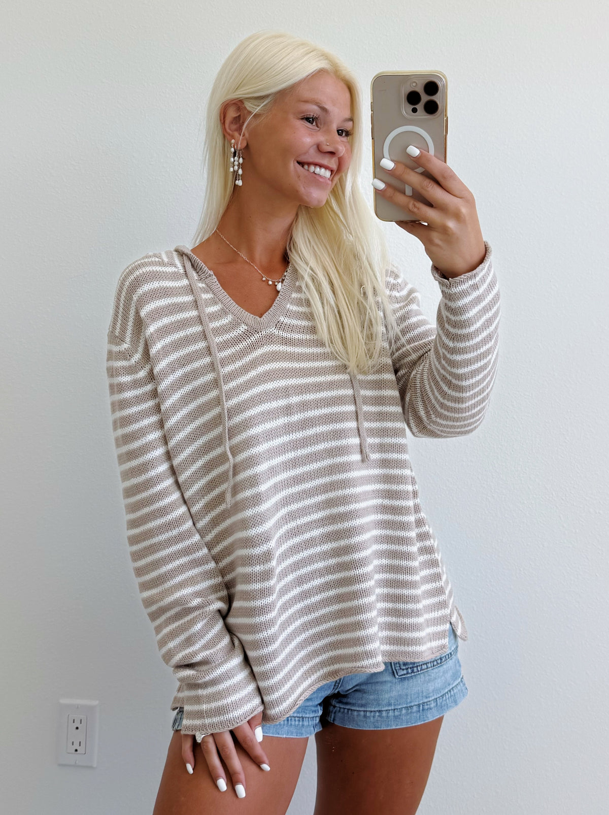 Beige & Ivory Striped Lightweight V Neck Hoodie Sweater