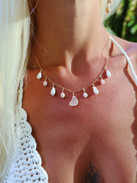 Gold Filled Pink Sea Glass & Baby Cowrie Cone Shell Multi Necklace
