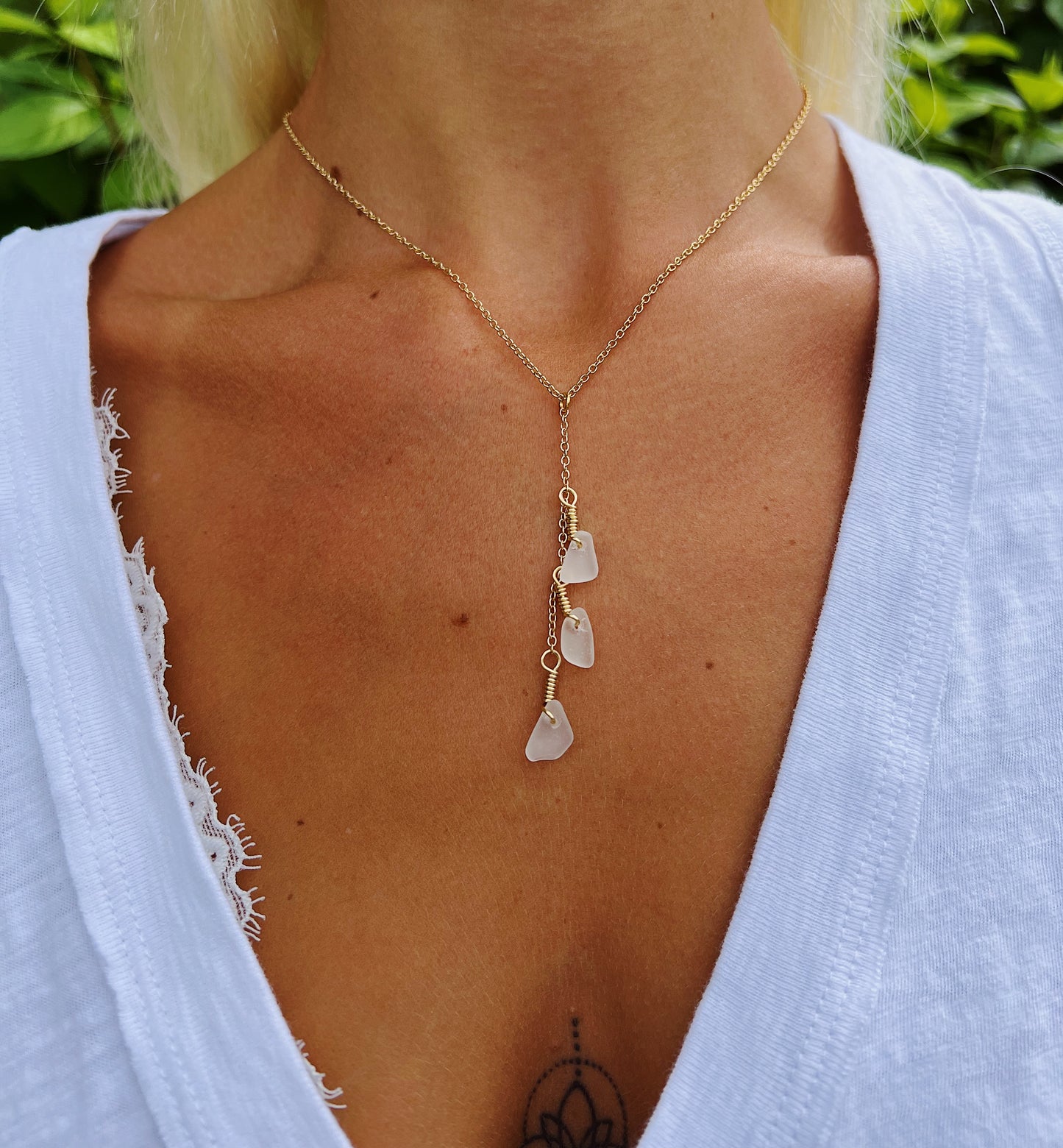 Clear Sea Glass Drop Gold Necklace