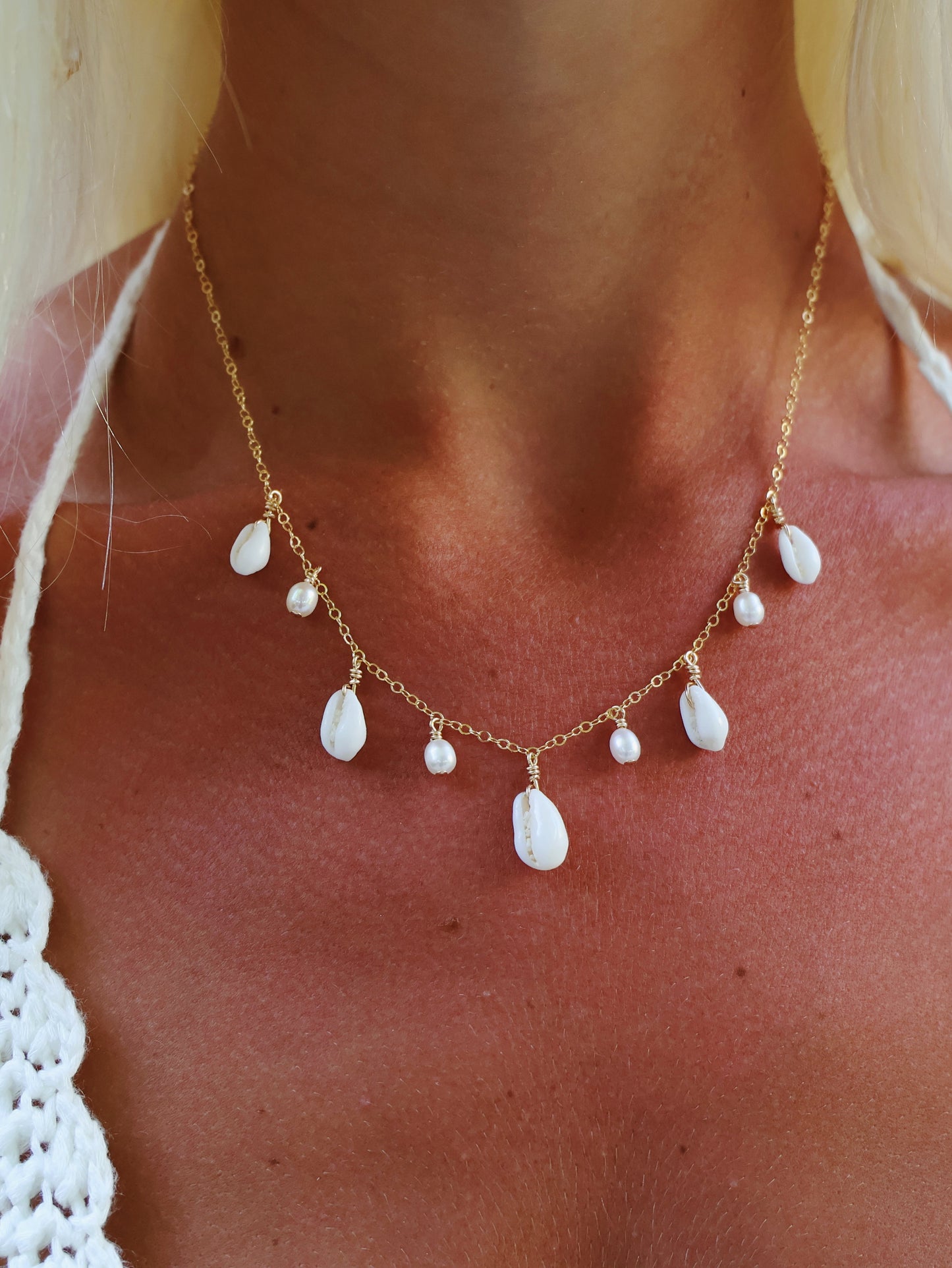 Gold Filled Full Cowrie Shell Baroque Pearl Multi Necklace