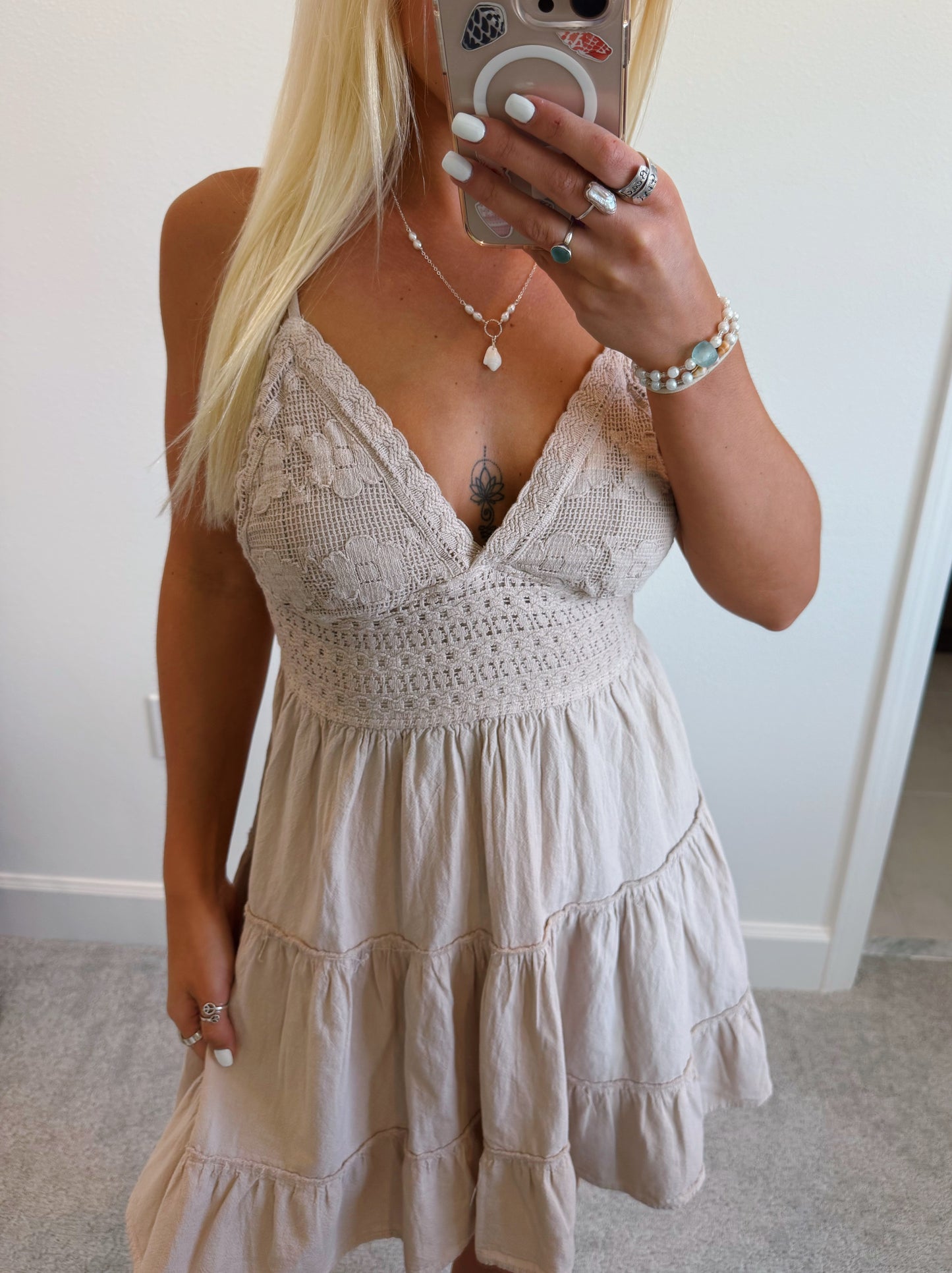 Beige Crochet Flowy Ruffle Dress