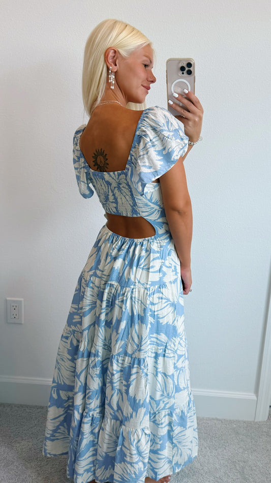 Periwinkle Tropical Leaf Ruffle Shoulder Midi Dress