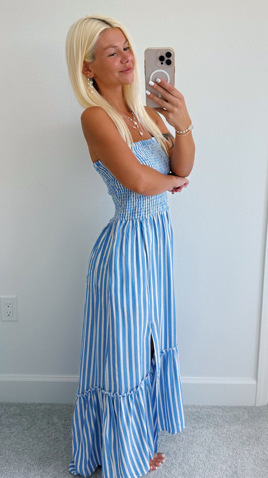 Blue Striped Smocked High Low Maxi Dress