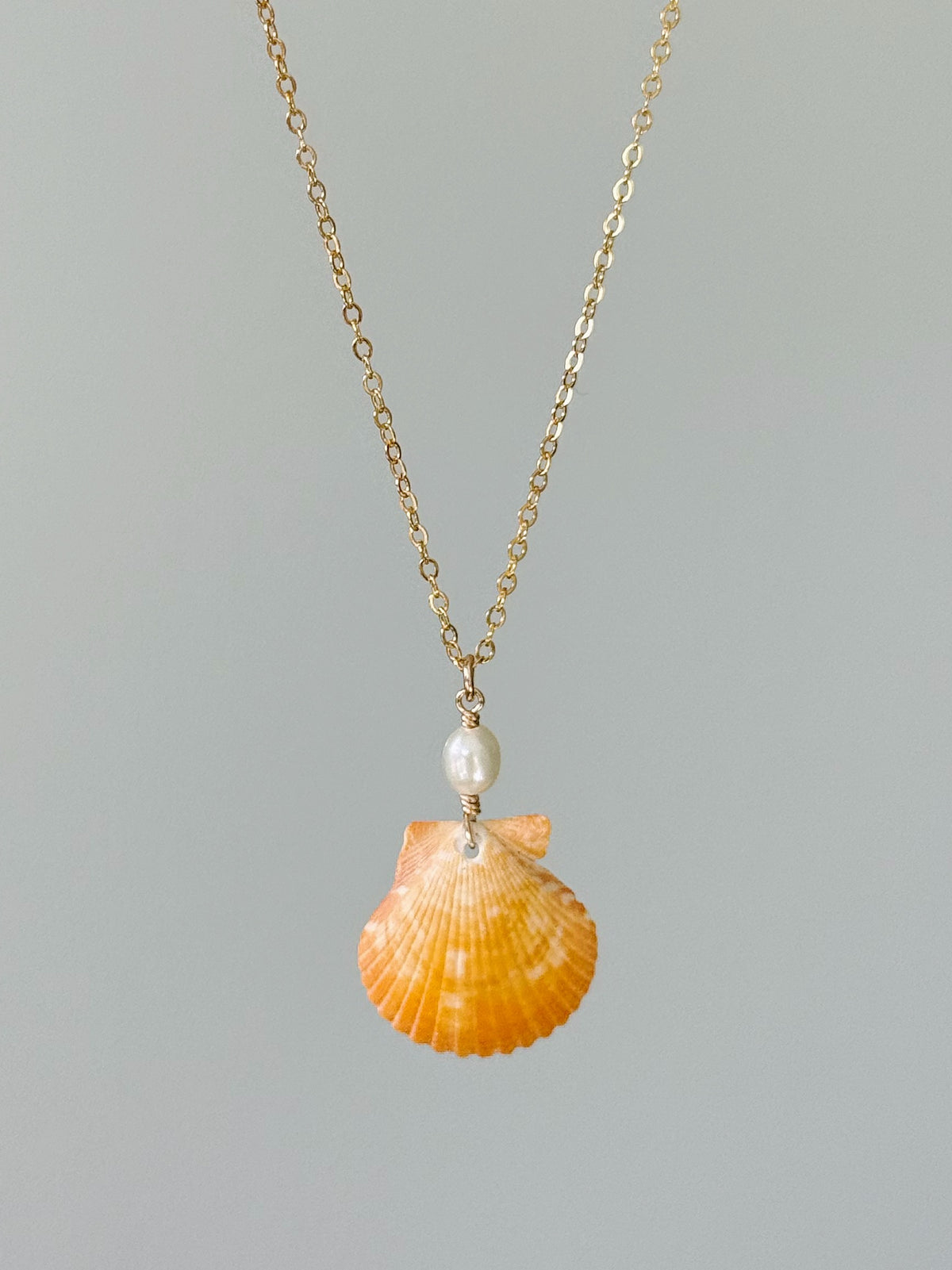 Gold Filled Pumpkin Orange Scallop Shell Pearl Necklace