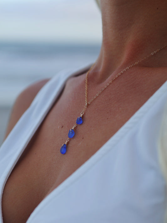 Gold Filled Royal Blue Sea Glass Drop Necklace