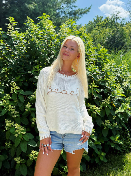 Cream Beach w/ Tan Embroidered Trim Sweater