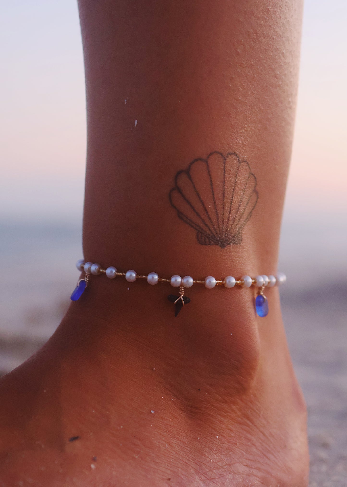 Gold Pearl Shark Tooth & Royal Blue Sea Glass Anklet