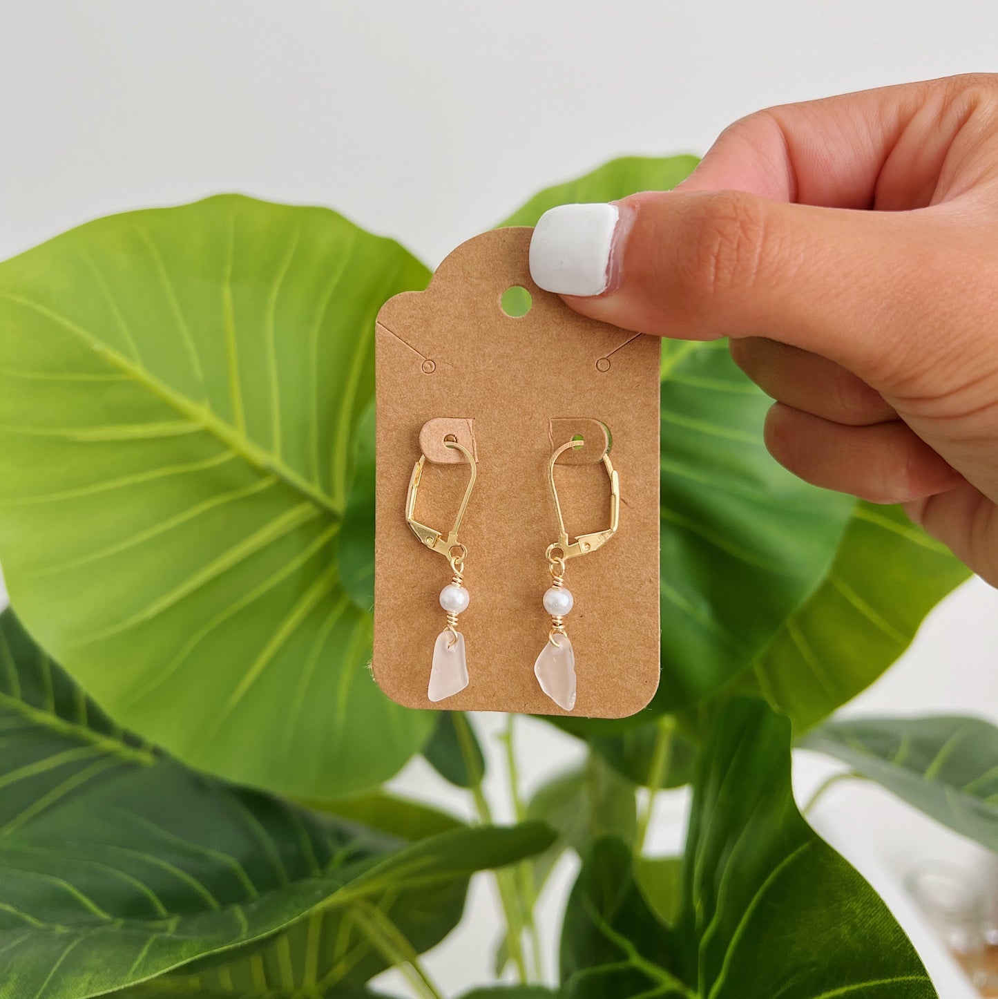 Gold Clear Sea Glass Pearl Earrings