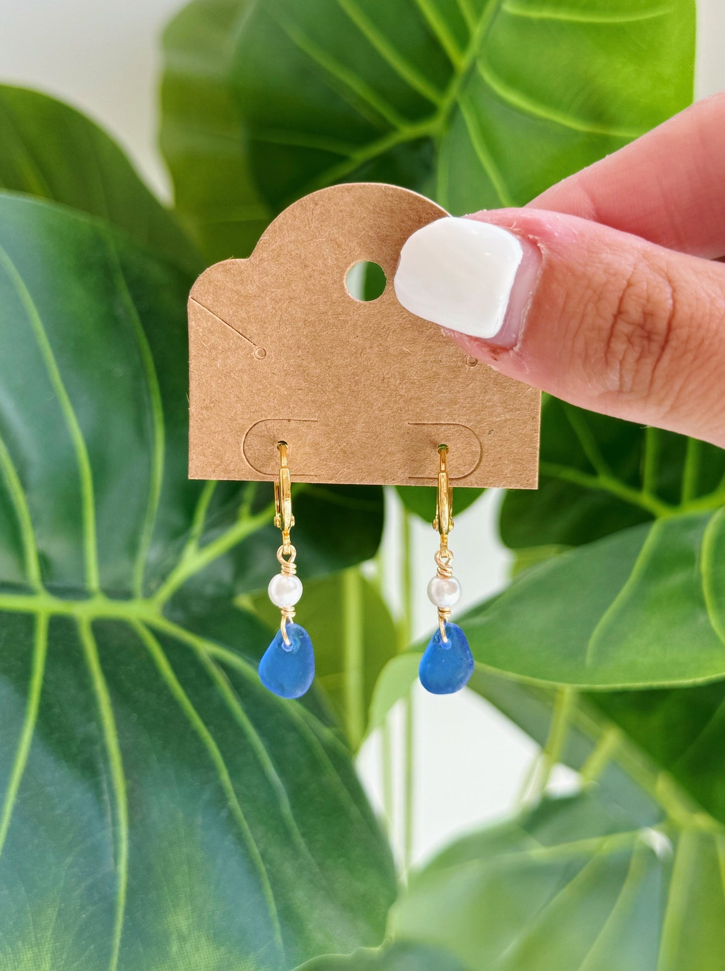 Gold Royal Blue Sea Glass Pearl Hoop Earrings