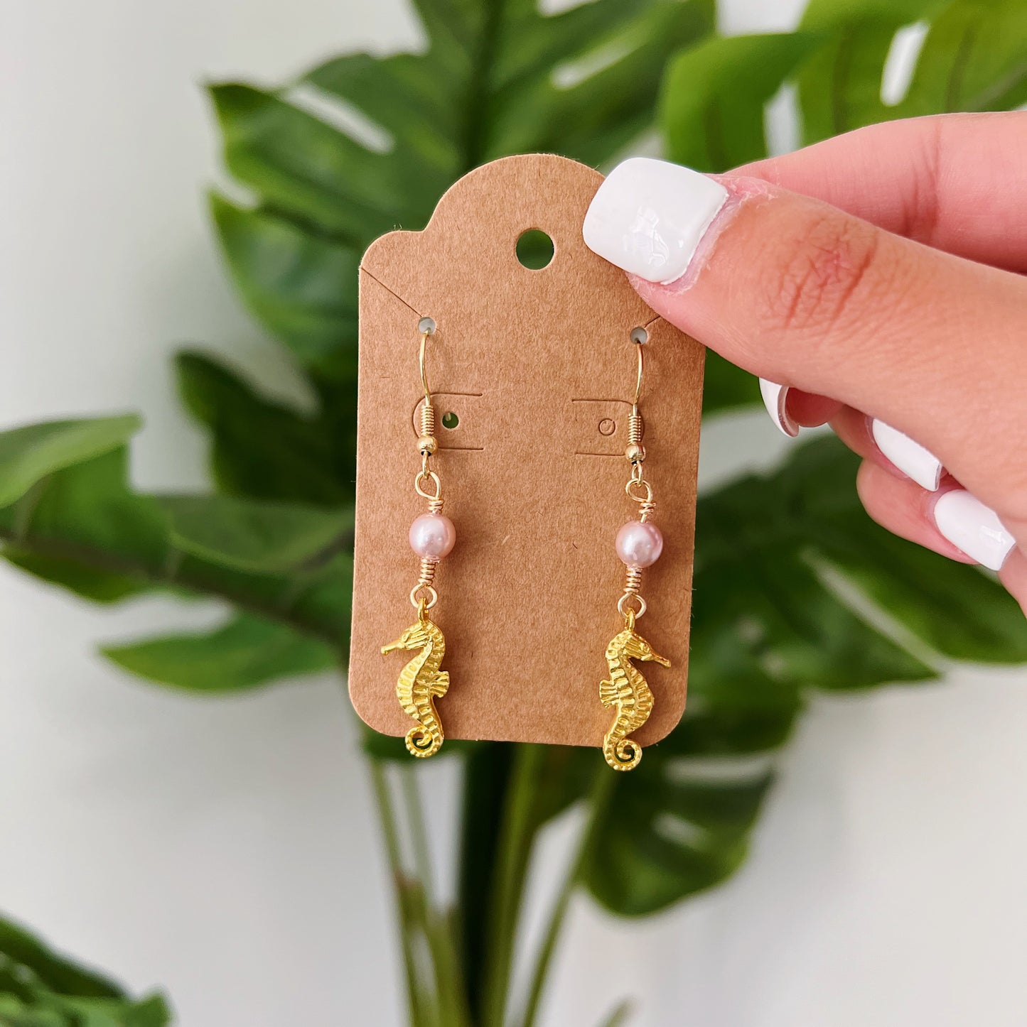 Gold Seahorse Pink Pearl Earrings