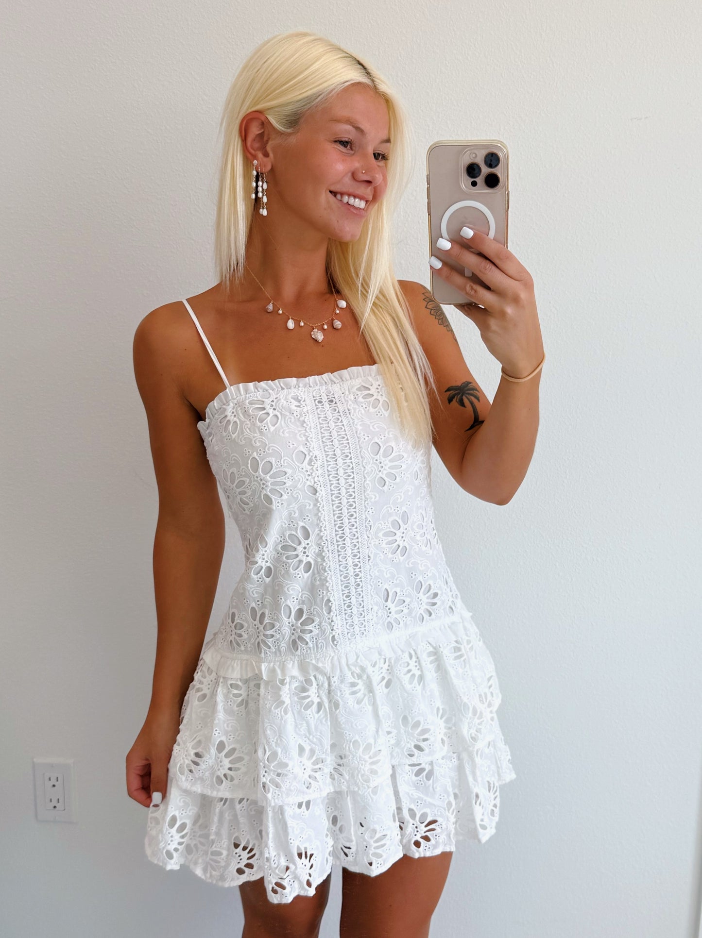 White Floral Eyelet Tiered Mini Dress