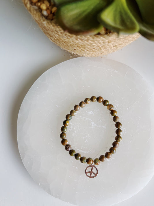 Coffee Rhyolite Gemstone Peace Sign Bracelet