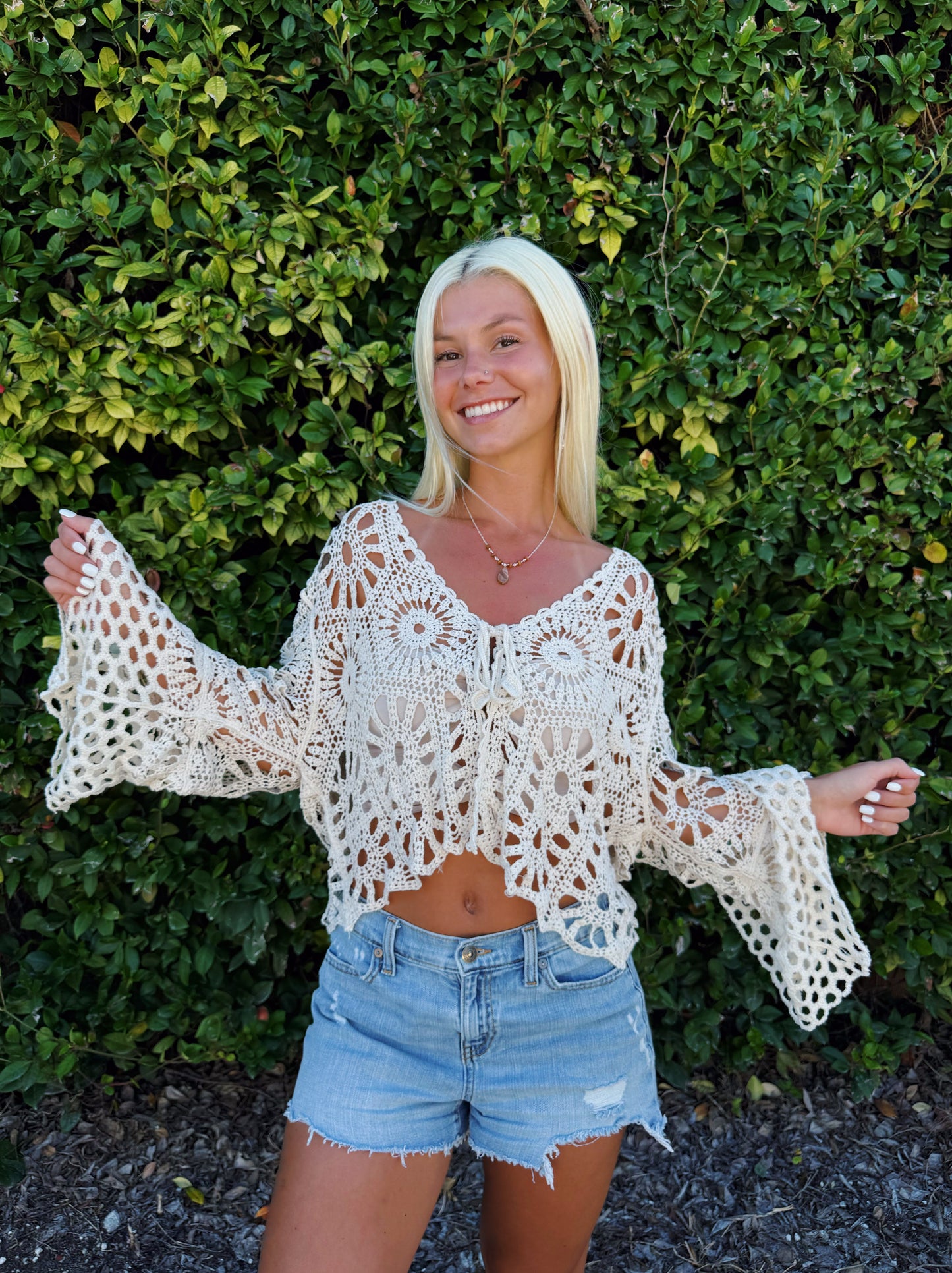 Cream Crochet Bell Sleeve Top with Tie Front