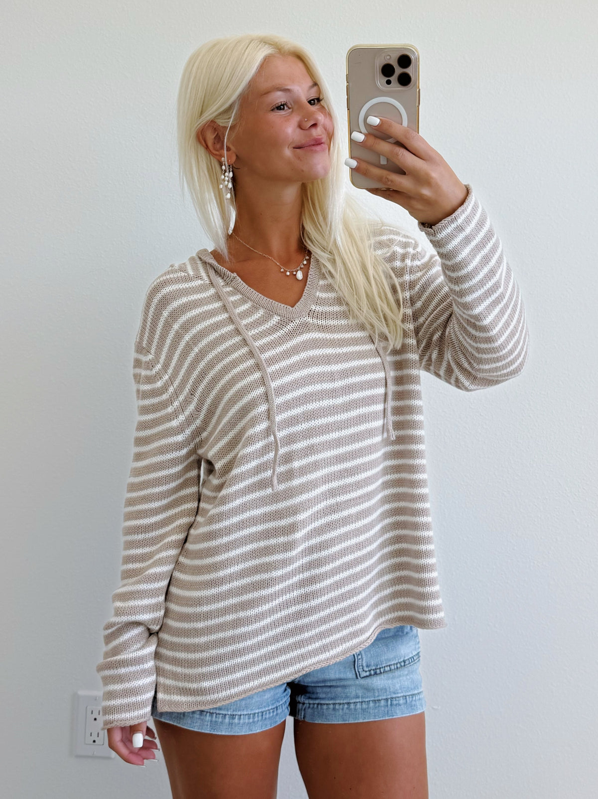 Beige & Ivory Striped Lightweight V Neck Hoodie Sweater