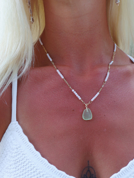 Gold Filled Pearl Chain Light Green Sea Glass Necklace