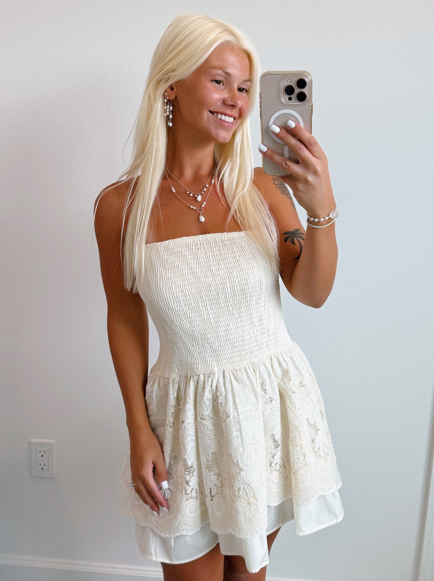 Cream Lace Embroidered Palm Tree Smocked Strapless Mini Dress