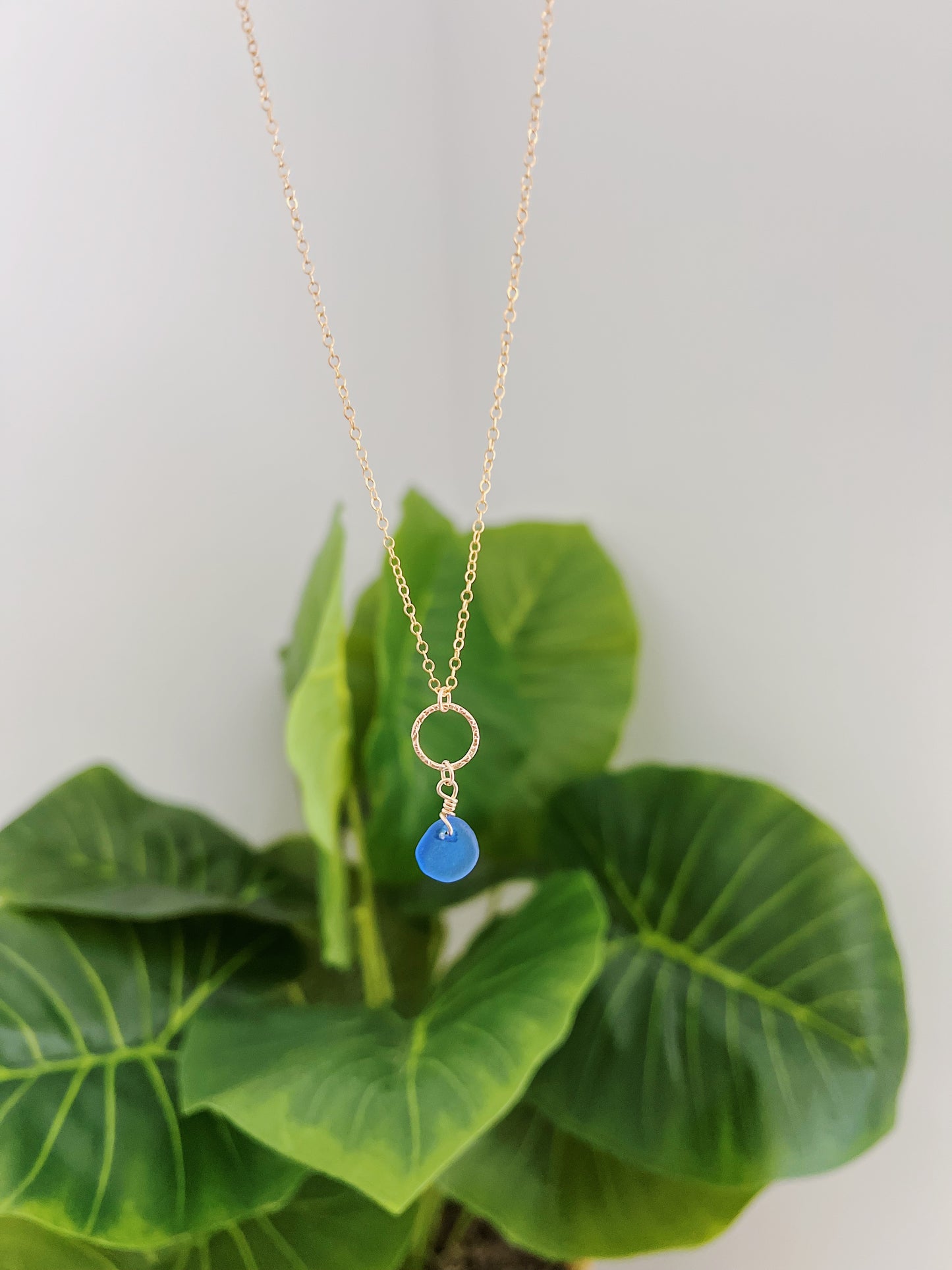 Gold Filled Deep Blue Sea Glass Hammered Circle Necklace