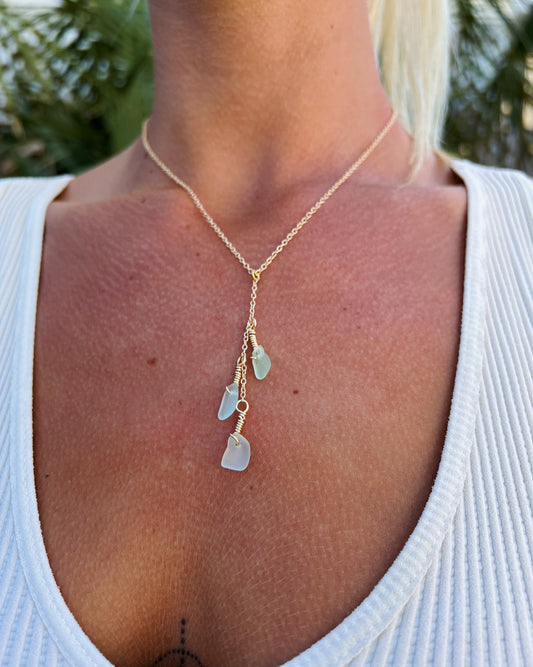 Light Blue Sea Glass Gold Drop Necklace