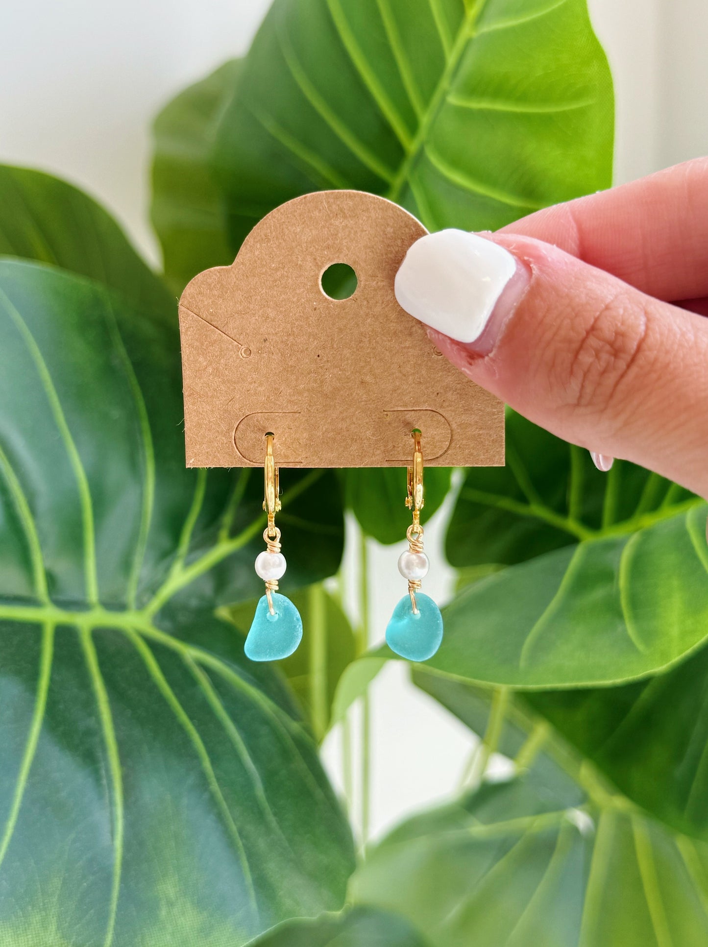 Gold Turquoise Sea Glass Pearl Hoop Earrings