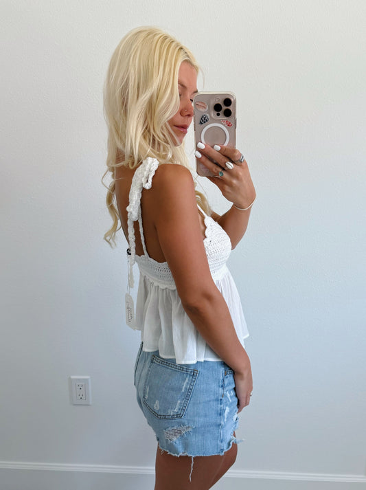 White Crochet Babydoll Bow Tie Tank Top