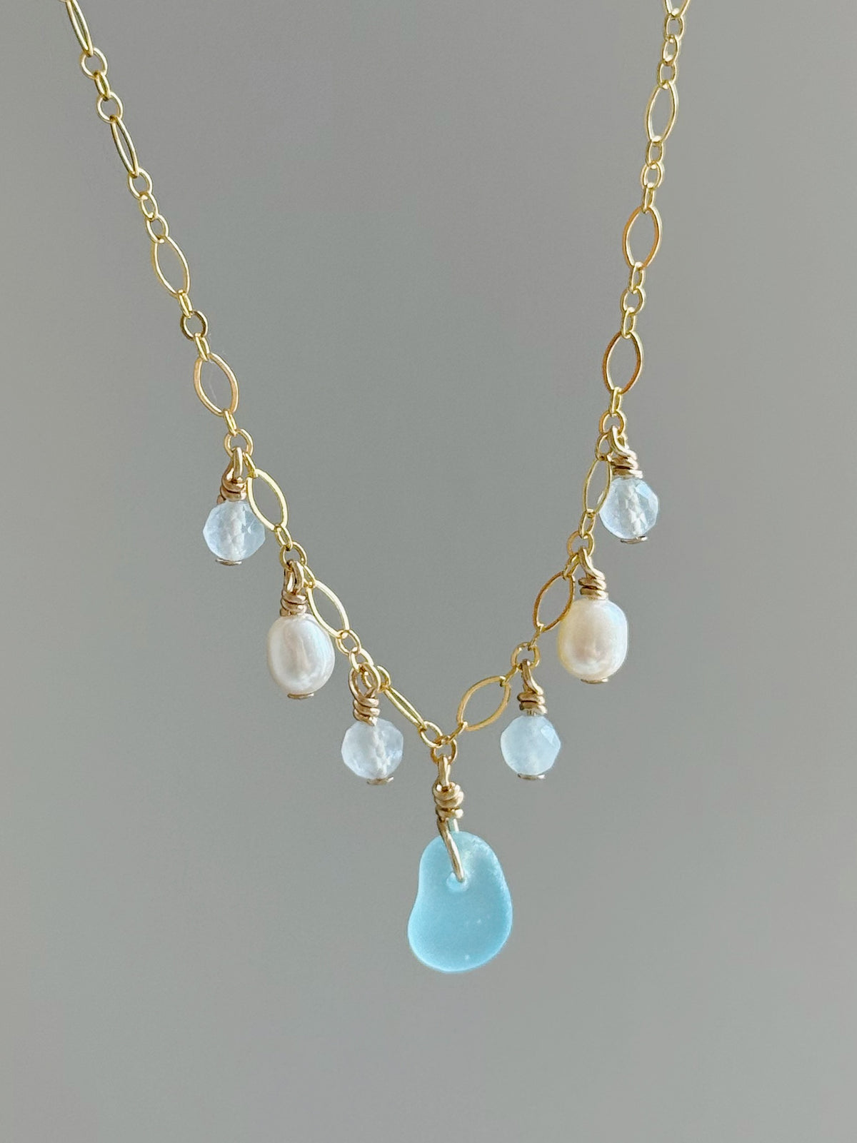 Gold Filled Fancy Baby Blue Sea Glass Gemstone Necklace