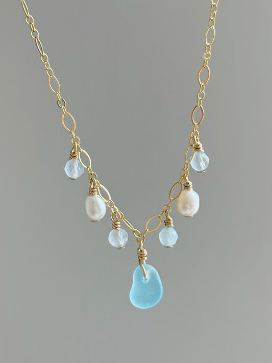 Gold Filled Fancy Baby Blue Sea Glass Gemstone Necklace