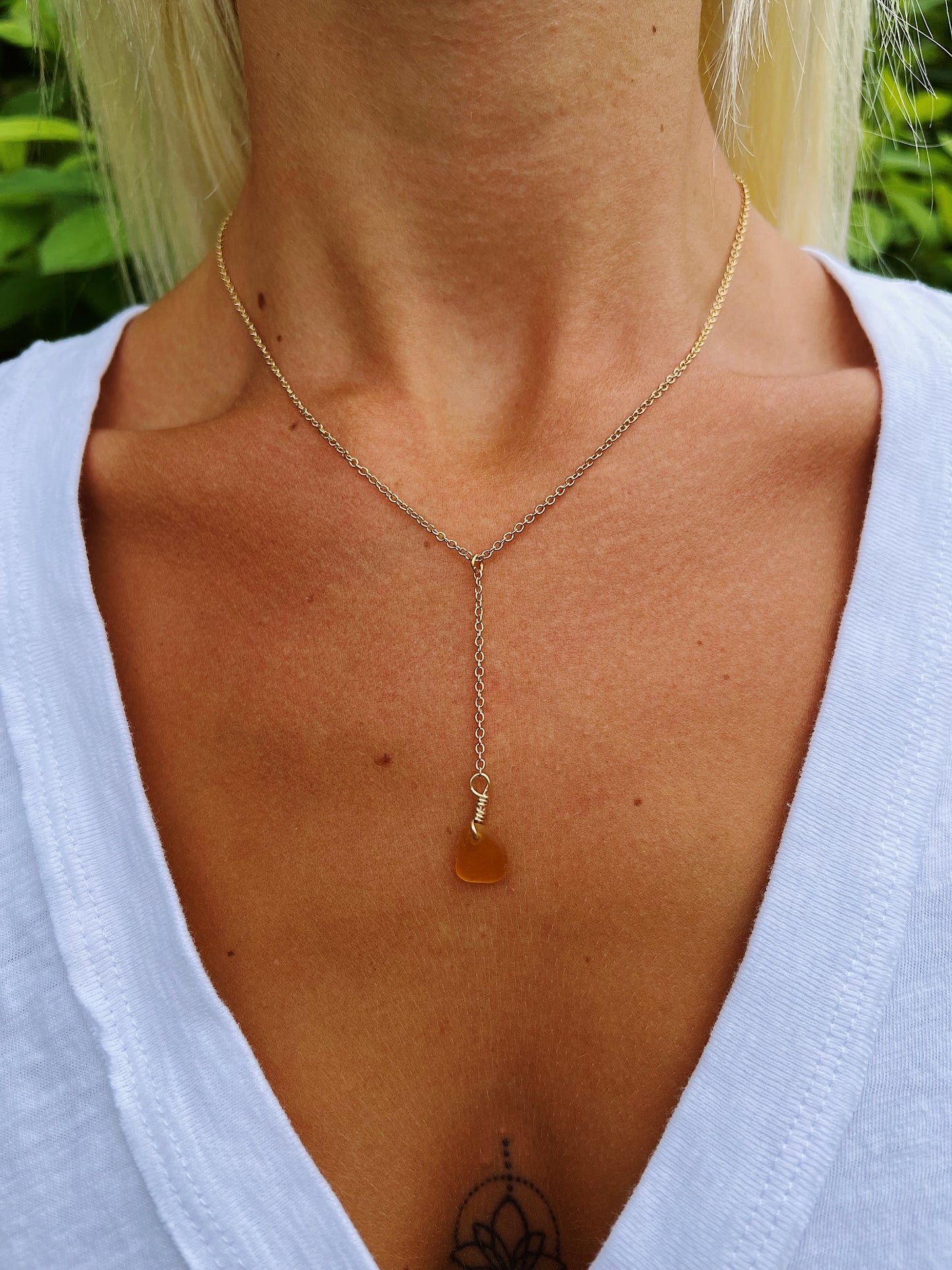 Light Orange Sea Glass Single Drop Necklace