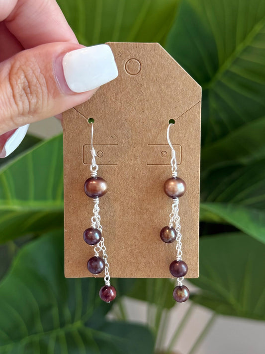 Sterling Silver Brown Pearl Triple Drop Earrings