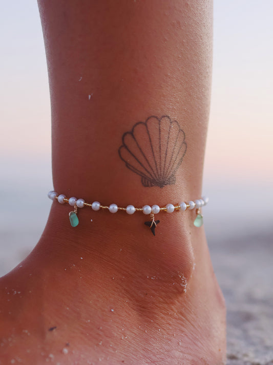 Gold Pearl Shark Tooth & Green Sea Glass Anklet