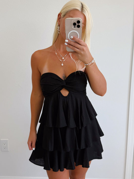 Black Strapless Babydoll Ruffle Layered Romper Dress