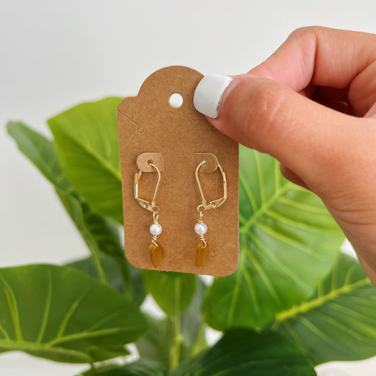 Gold Orange Sea Glass Pearl Earrings