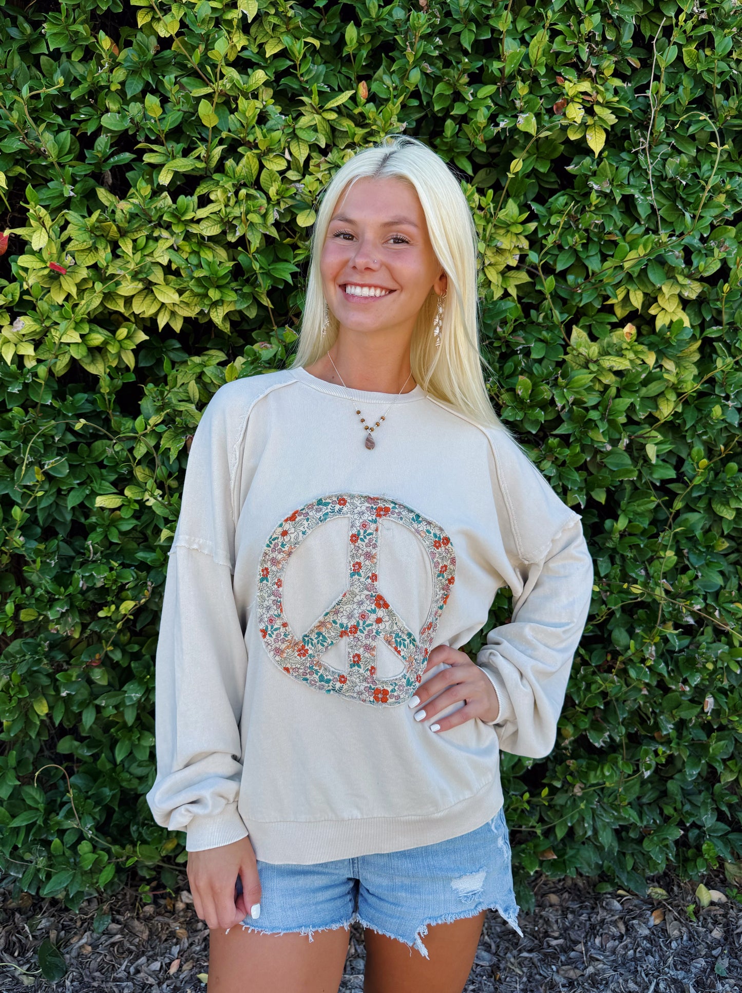 Tan Patchwork Peace Sign Crewneck
