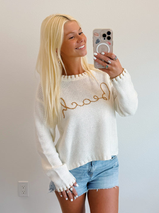 Cream Beach w/ Tan Embroidered Trim Sweater
