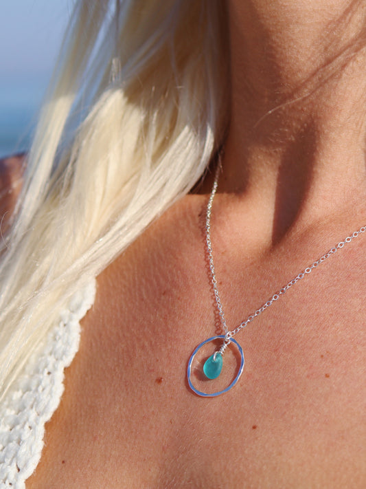 Sterling Silver Teal Sea Glass Shiny Hammered Circle Necklace